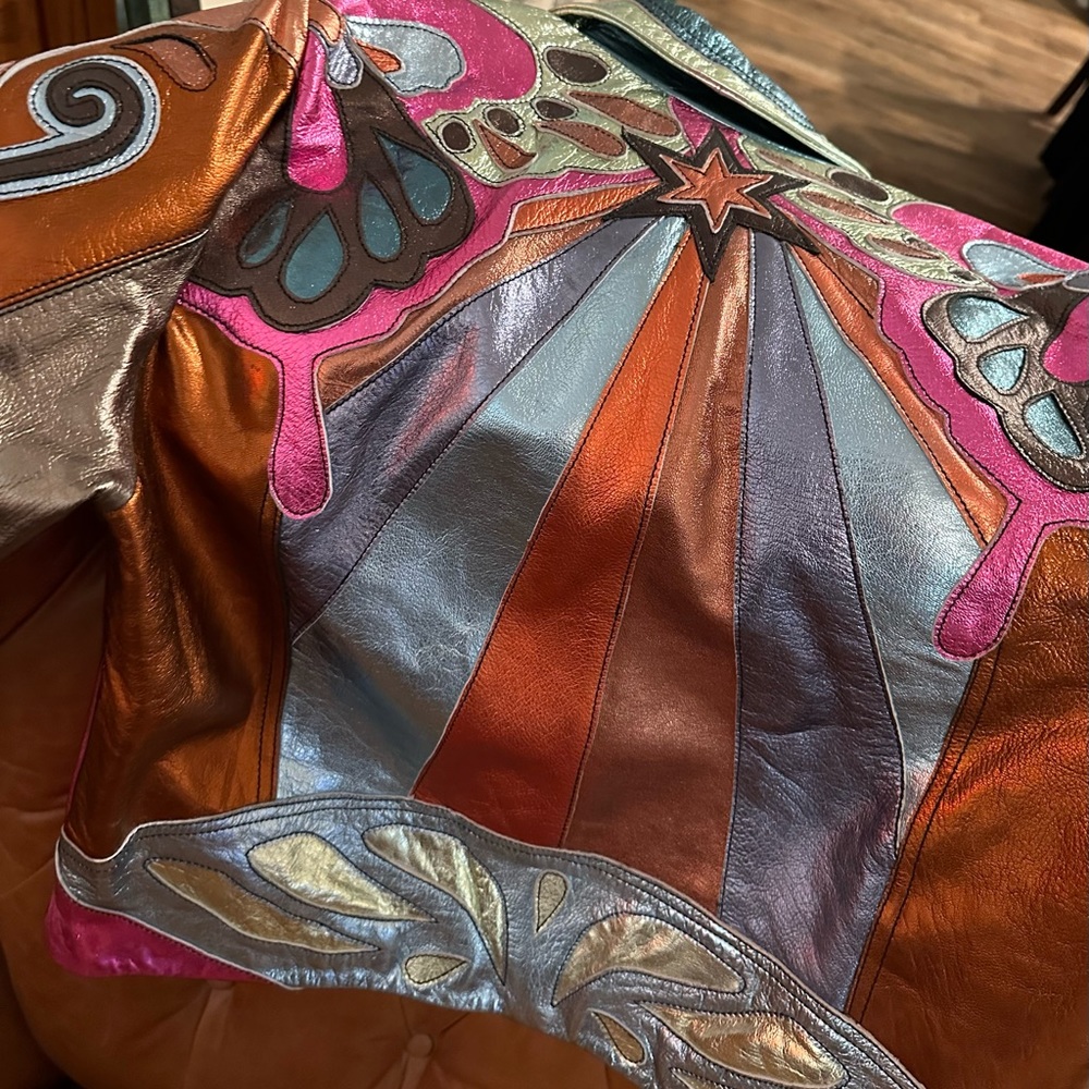 Free People Stars are Psychedelic Metallic Leather Jacket, Multi-color, XL - Picture 2 of 10